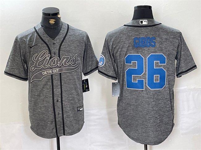 Men's Detroit Lions #26 Jahmyr Gibbs Grey Cool Base Stitched Baseball Jersey Men's Detroit Lions #26 Jahmyr Gibbs Grey Cool Base Stitched Baseball Jersey